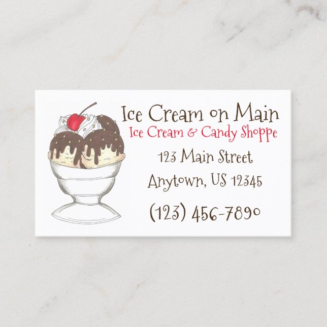 Ice Cream Shoppe Hot Fudge Sundae Dessert Cherry Business Card (Front)