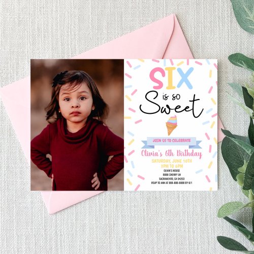 Ice Cream Six Is So Sweet 6th Birthday Party Invitation