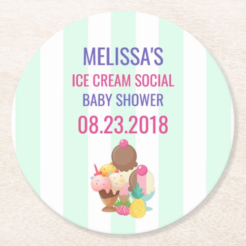 Ice Cream Social Baby Shower Event Round Paper Coaster