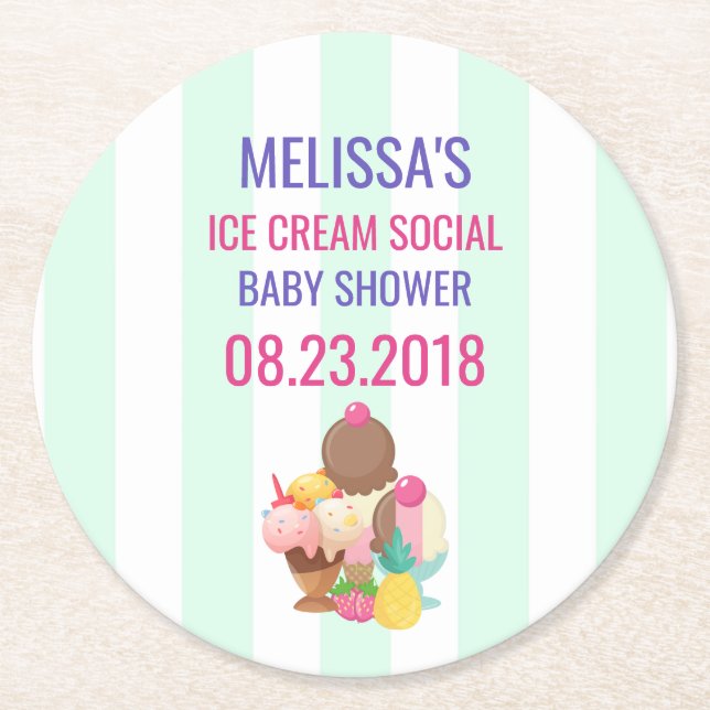 Ice Cream Social Baby Shower Event Round Paper Coaster (Front)