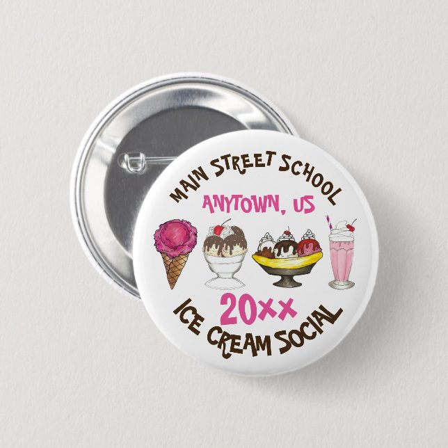 Ice Cream Social Favor Banana Split Sundae Cone Button (Front & Back)