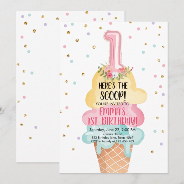 Ice Cream Social Here's the Scoop First Birthday Invitation (Front/Back)
