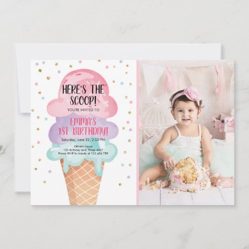 Ice Cream Social Heres the Scoop Pink Confetti Invitation