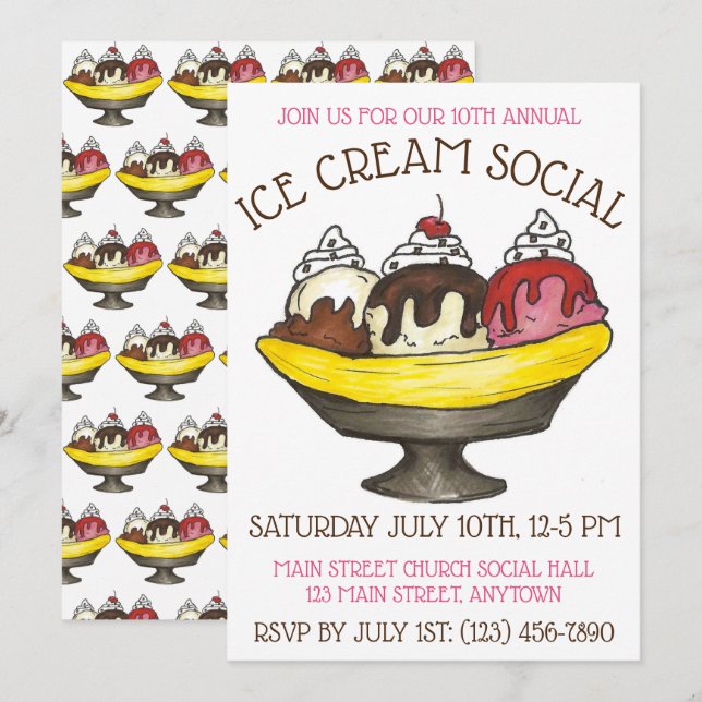 Ice Cream Social Party Dessert Banana Split Sundae Invitation (Front/Back)