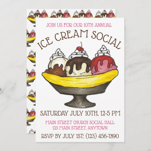 Ice Cream Social Party Dessert Banana Split Sundae Invitation