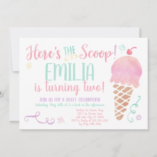 Ice Cream Social Watercolor Birthday Invitation