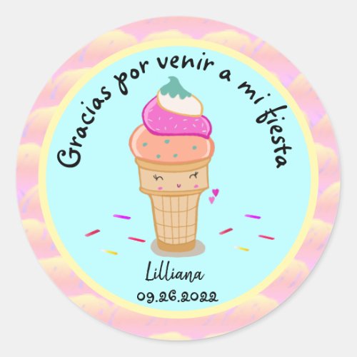Ice Cream Spanish Party Thank YouGracias  Classic Round Sticker
