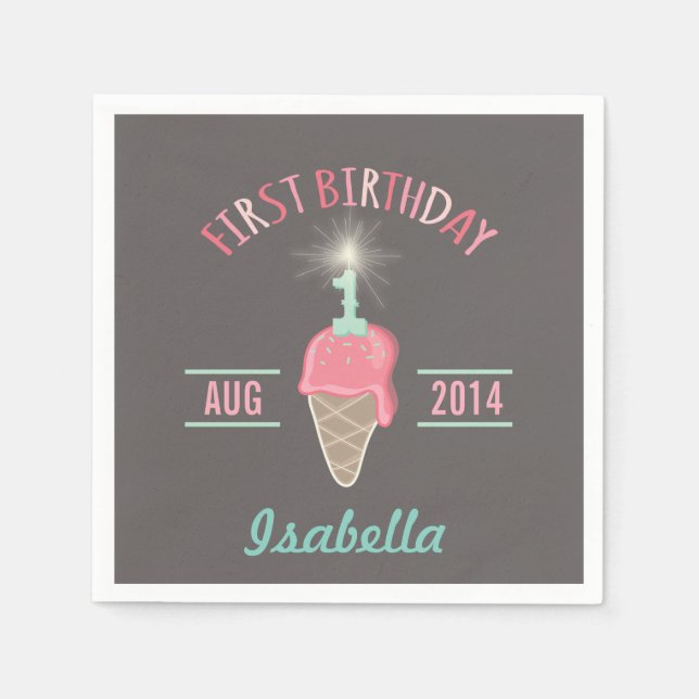 Ice Cream Sparkler 1st Birthday Party Paper Napkin (Front)