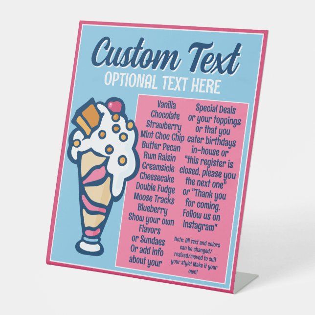 Ice Cream Specials Flavors Mini Menu Pedestal Sign (Front)