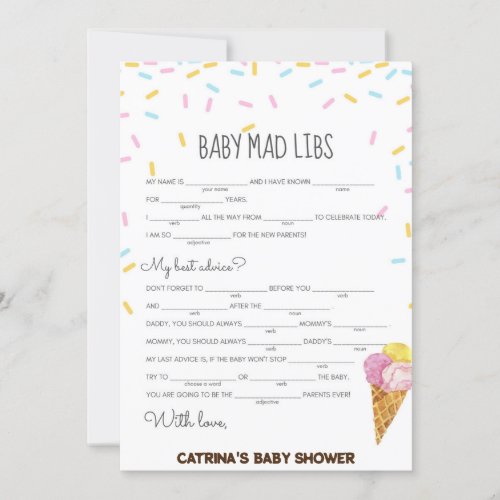 Ice Cream Sprinkle Baby Shower _Editable Name 5x7 Invitation