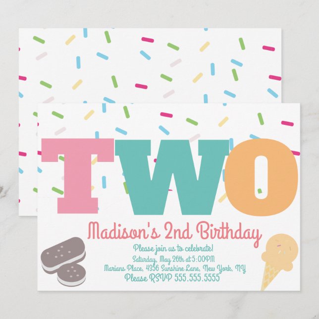 Ice Cream Sprinkles Pastel Girls Birthday Party Invitation (Front/Back)