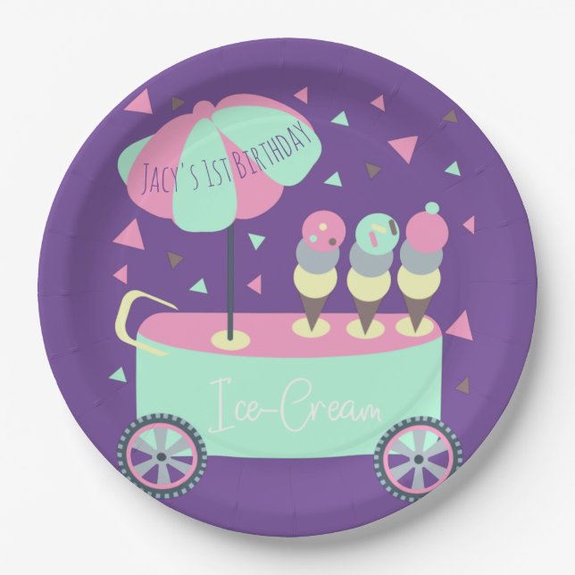 Ice Cream Stand Confetti Birthday Party Purple Paper Plates (Front)
