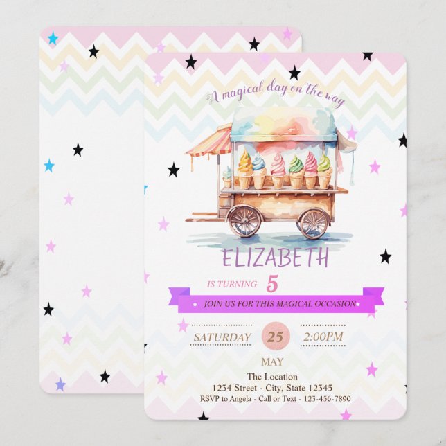 Ice Cream Stars Zigzag Birthday Invitation (Front/Back)