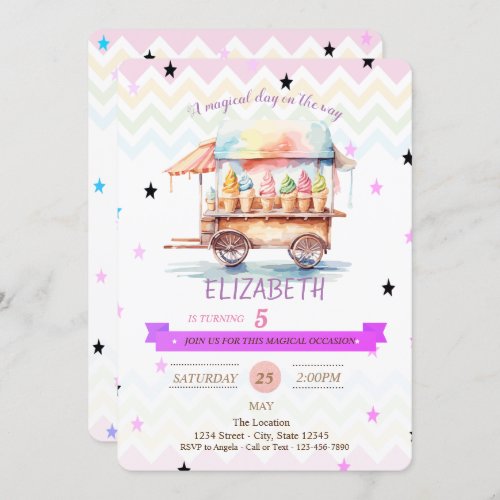 Ice Cream Stars Zigzag Birthday Invitation