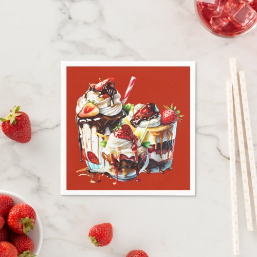 Ice cream strawberry toppings cream summer red napkins