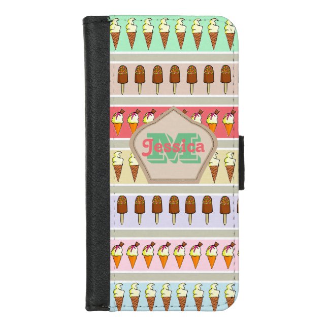 Ice Cream Stripes Personalised iPhone Wallet Case (Front)