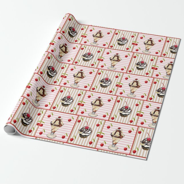 Ice Cream Sundae and Cupcake Birthday Gift Wrap (Unrolled)