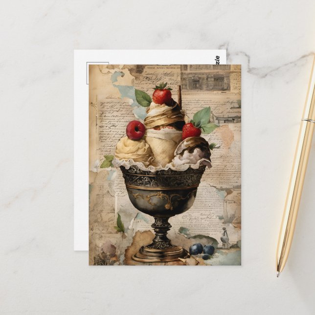Ice Cream Sundae and Fruit Vintage Collage Postcard (Front/Back In Situ)
