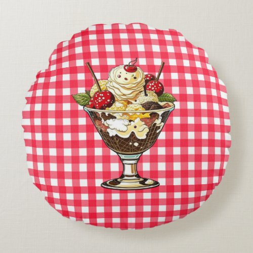 Ice Cream Sundae and Shake Red Checkered Round Pillow