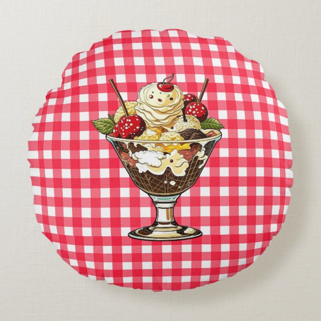 Ice Cream Sundae and Shake Red Checkered Round Pillow (Front)