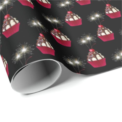 Ice Cream Sundae and Sparkler on Black Wrapping Paper