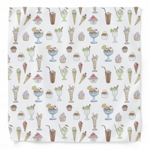 Ice Cream Sundae Desserts Pattern White Bandana