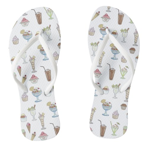 Ice Cream Sundae Desserts Pattern White Flip Flops