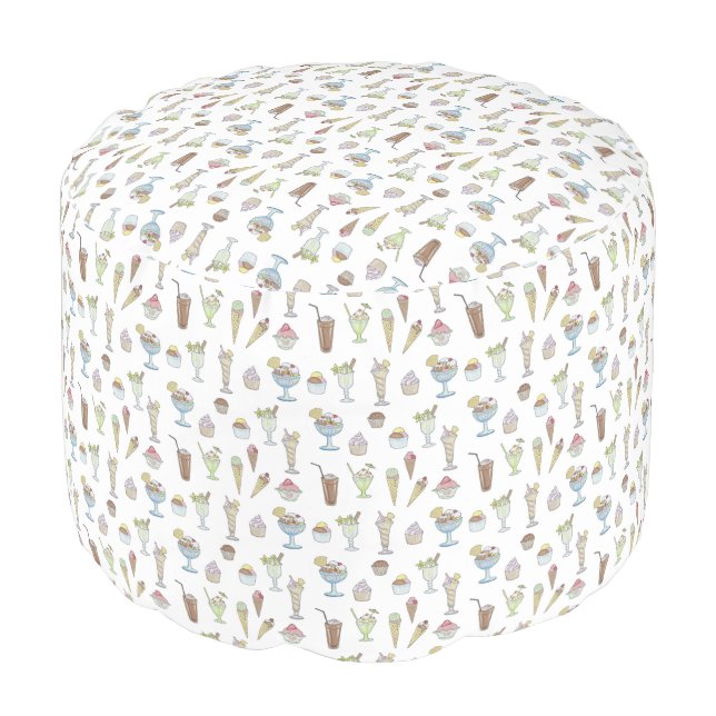 Ice Cream Sundae Desserts Pattern White Pouf (Angled Front)