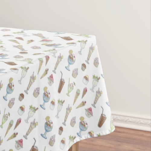 Ice Cream Sundae Desserts Pattern White Tablecloth