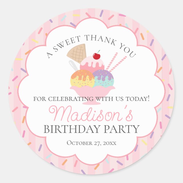 Ice Cream Sundae Heres the Scoop Sweet Birthday Classic Round Sticker (Front)