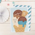 Ice Cream Sundae Kids Birthday Party Invitation<br><div class="desc">Chill out with these cute ice cream themed party invitations for your little one's birthday party. Fun summer design in a soft muted color palette features scoops of chocolate, vanilla, and blue ice cream in a waffle cone topped with chocolate syrup and sprinkles. Personalize with your party details inscribed on...</div>