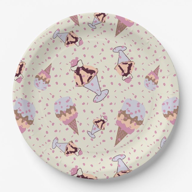 Ice Cream Sundae Pastel Summer Pattern Paper Plates (Front)