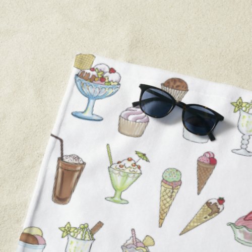 Ice Cream Sundae Pattern White Beach Towel
