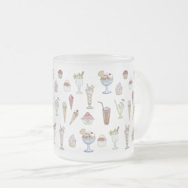 Ice Cream Sundae Pattern White Frosted Glass Coffee Mug (Front Right)