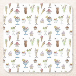 Ice Cream Sundae Pattern White Square Paper Coaster