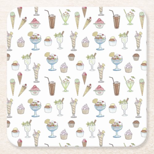 Ice Cream Sundae Pattern White Square Paper Coaster