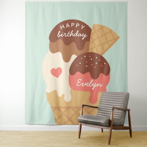 Ice Cream Sundae Personalized Kids Birthday Party Tapestry