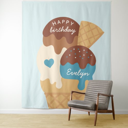 Ice Cream Sundae Personalized Kids Birthday Party Tapestry