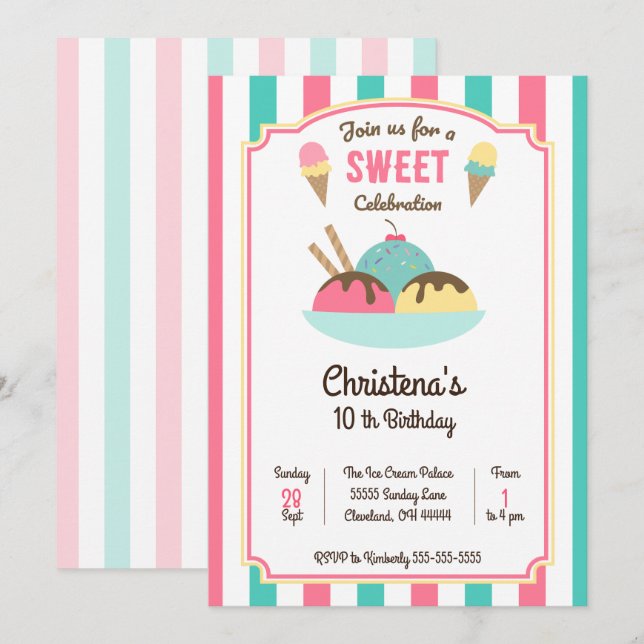 Ice Cream Sundae Social Birthday Party Invitation (Front/Back)
