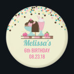 Ice Cream Sundae Summery Treats Birthday Magnet<br><div class="desc">A birthday party magnet. Personalized with a name and date of event. Designed with a sweet ice cream theme. Colorful confetti sprinkled along the top and illustrated with a chocolate ice cream bar, 3-scoop sundae with a cherry on top, and a strawberry float with whipped cream. Little strawberries and cherries...</div>