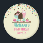 Ice Cream Sundae Summery Treats Birthday Magnet<br><div class="desc">A birthday party magnet. Personalized with a name and date of event. Designed with a sweet ice cream theme. Colorful confetti sprinkled along the top and illustrated with a chocolate ice cream bar, 3-scoop sundae with a cherry on top, and a strawberry float with whipped cream. Little strawberries and cherries...</div>