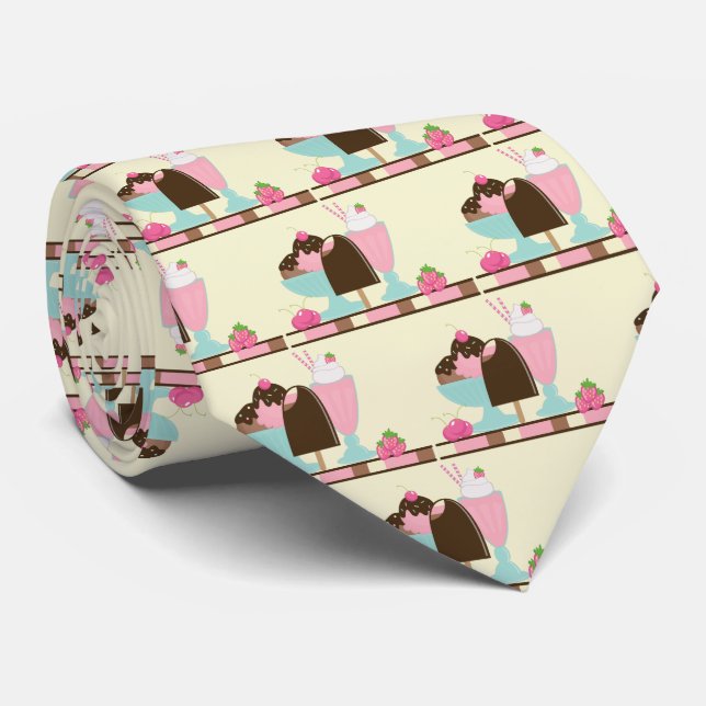 Ice Cream Sundae Summery Treats Pattern Neck Tie (Rolled)