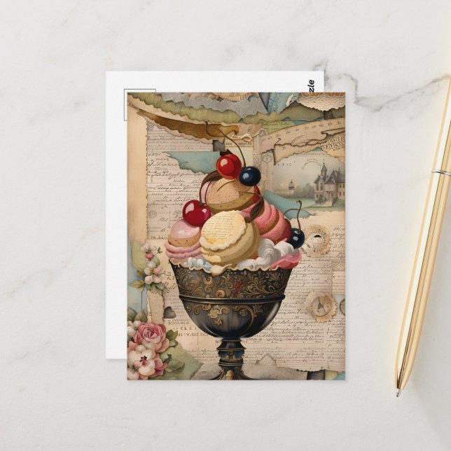 Ice Cream Sundae Vintage Collage Postcard (Front/Back In Situ)