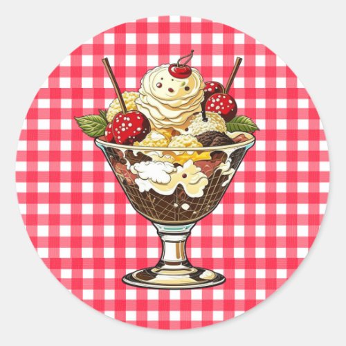 Ice Cream Sundae with Cherries Red Checkered Classic Round Sticker