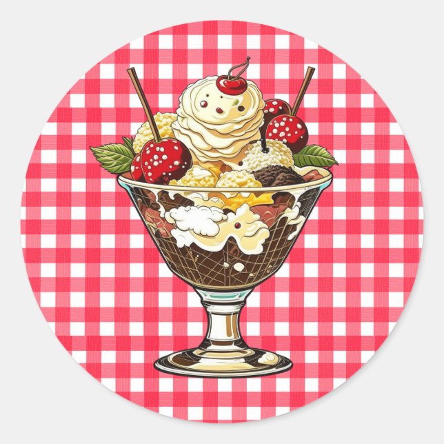 Ice Cream Sundae with Cherries Red Checkered Classic Round Sticker (Front)