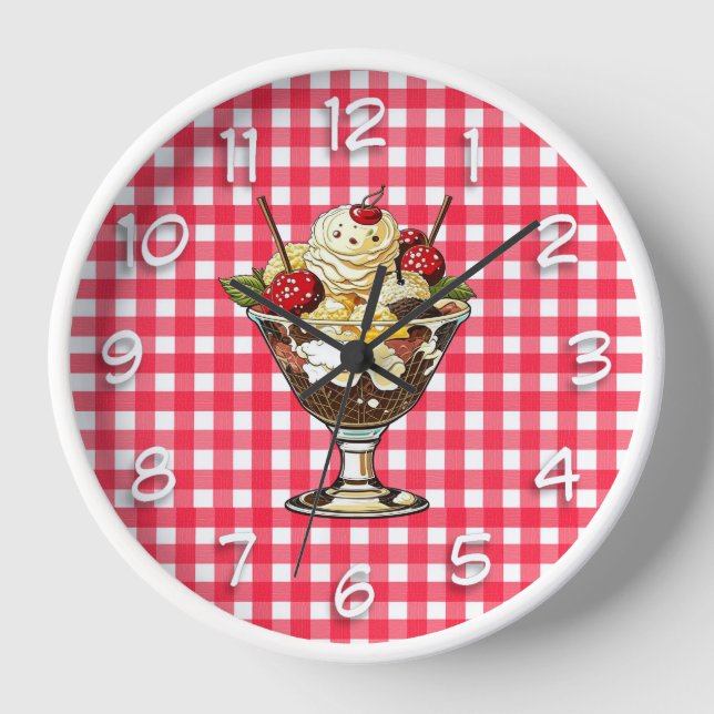 Ice Cream Sundae with Cherries Red Checkered Clock (Front)