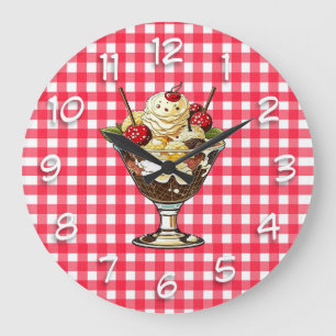 Ice Cream Sundae with Cherries Red Checkered Large Clock