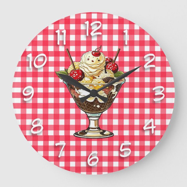 Ice Cream Sundae with Cherries Red Checkered Large Clock (Front)