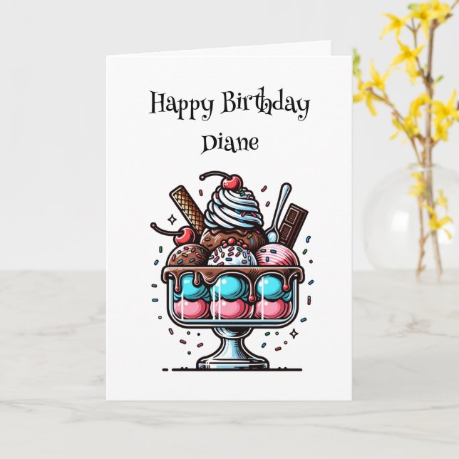  Ice Cream Sundae with Coloring Page Birthday Card (Yellow Flower)