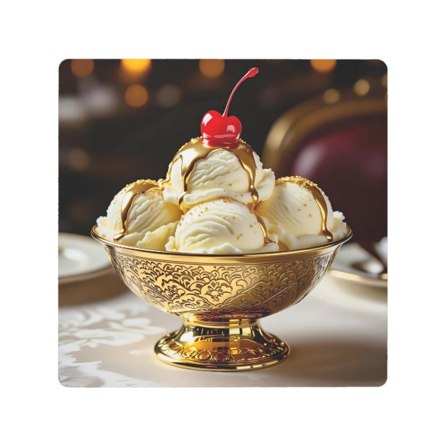Ice Cream Sundae with Gold Syrup Blank Metal Print (Front)